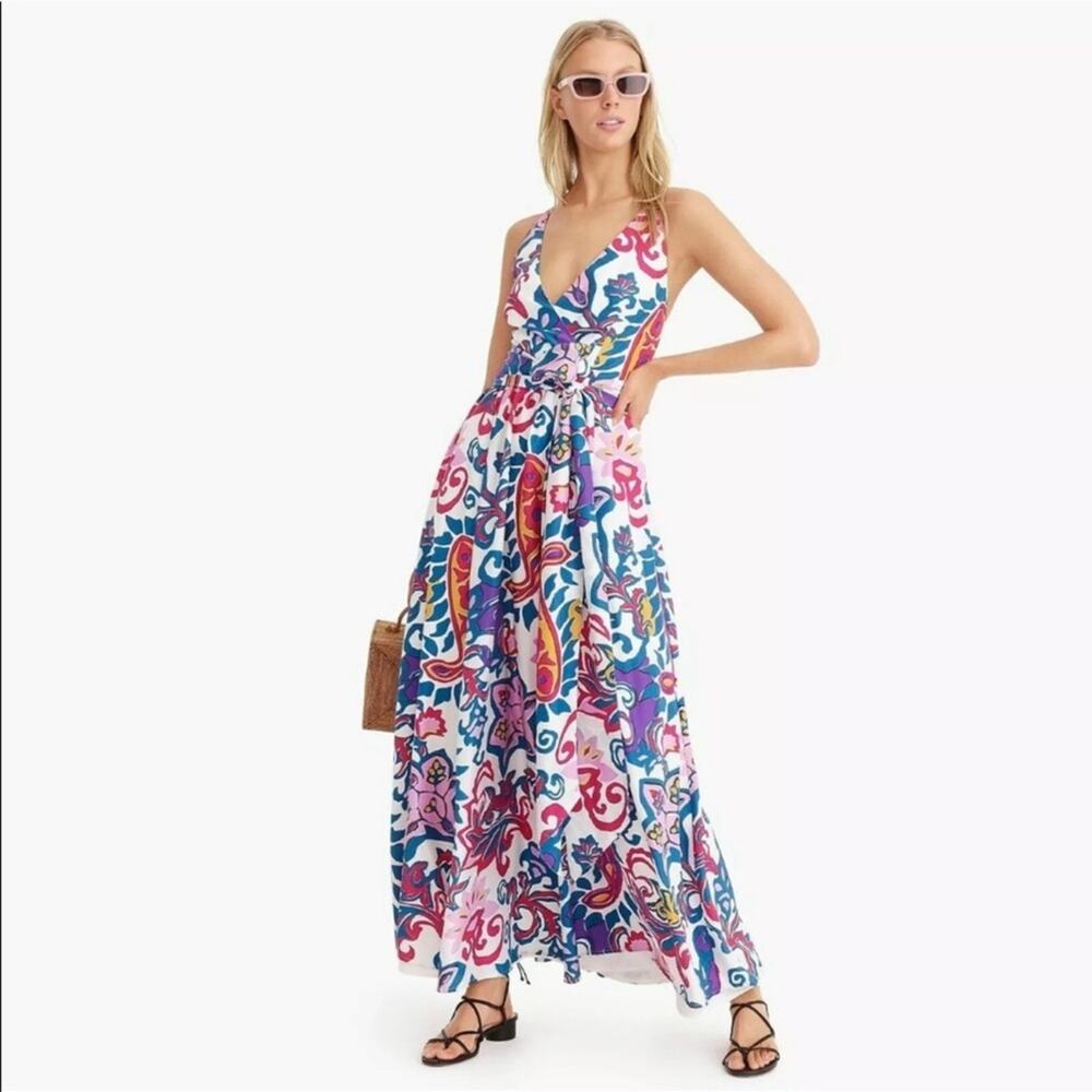 NWT NEW J.Crew Silk V-Neck Maxi Dress in Aja Ivory Painted Paisley Tie Waist - Picture 5 of 13